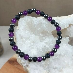 Black Onyx Amethyst Hematite Elastic Bracelet Determination Focus & Confidence